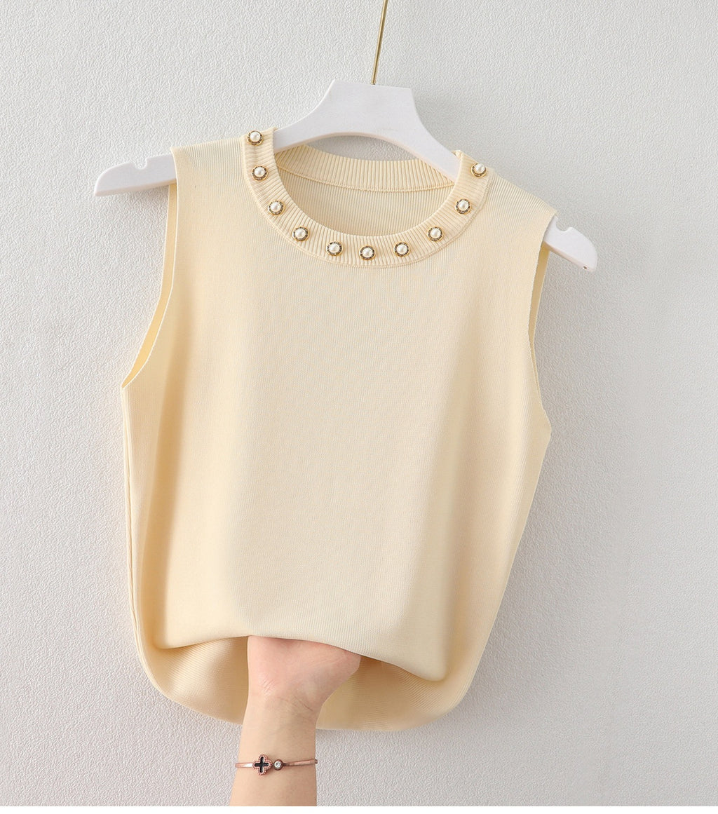 Women's Round Neck Camisole Top with Beaded White Knitted Sleeveless Sweater - Stylish Outerwear T-Shirt