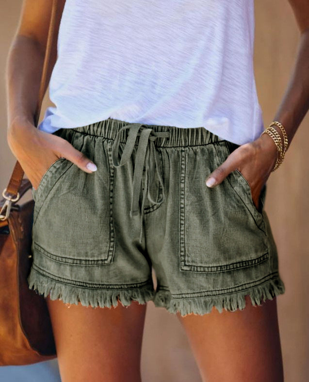 2025 Summer New Women's High Waist Slimming Denim Shorts - Casual Fit, Elastic Waist & Drawstring