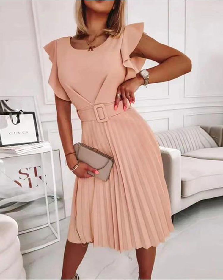 Women's Elegant Round Neck Pleated Ruffle Midi Dress with Belt – Short Sleeve Waist-Cinching Summer Dress