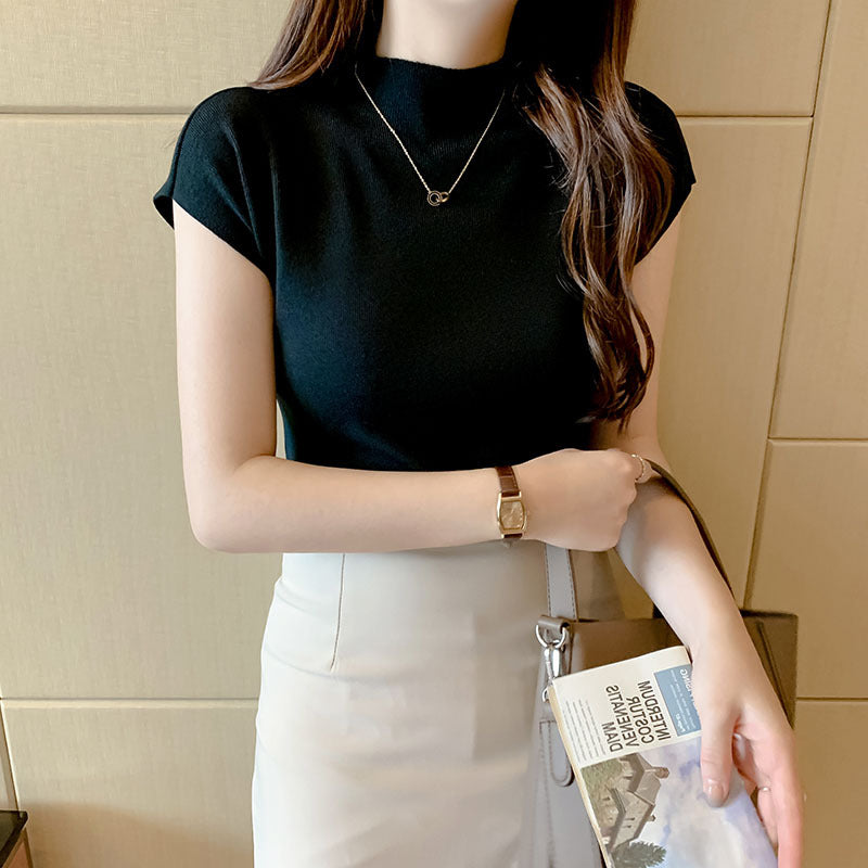 Knitted Sleeveless Half-High Collar Women's Short T-Shirt - 2025 Summer Trendy Top