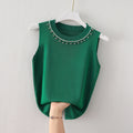 Women's Knitted Sleeveless Vest - Summer Beaded Round Neck Top, Lightweight Inner Bottoming Shirt