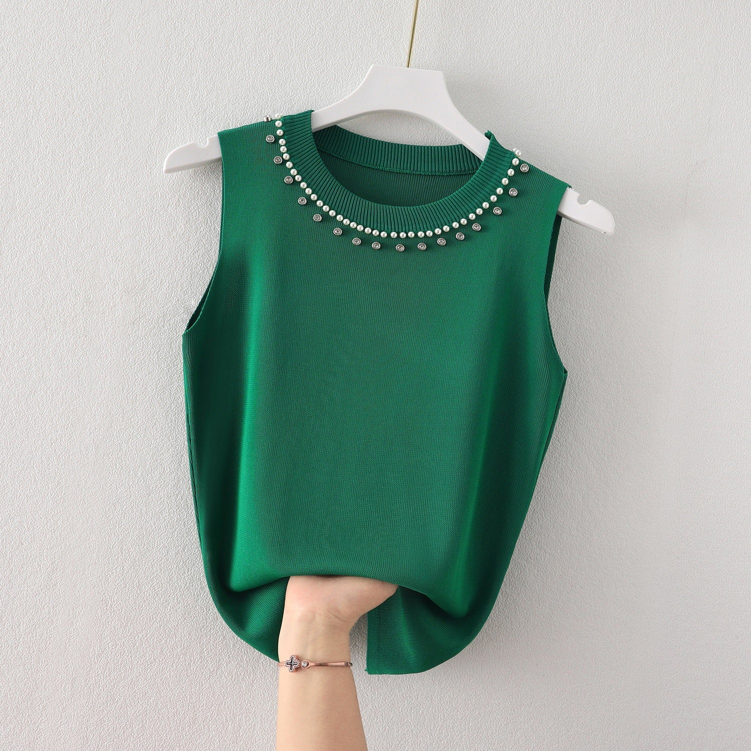 Women's Knitted Sleeveless Vest - Summer Beaded Round Neck Top, Lightweight Inner Bottoming Shirt