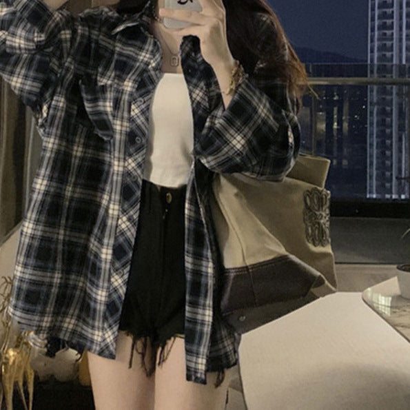 Women's Blue Plaid Loose Shirt Jacket - Oversized Casual Shacket Top