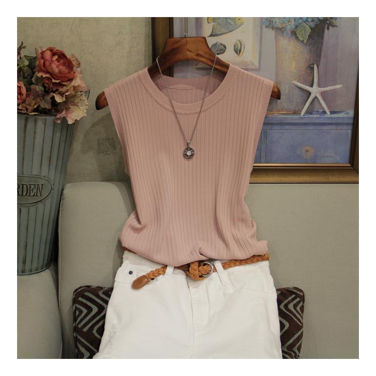 Summer Women's Sleeveless Knitted Vest - Solid Color, Wide Strap, All-Match Casual Top