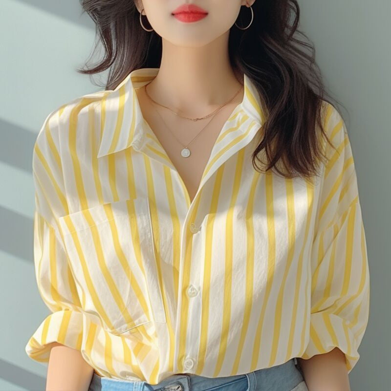 Women's Early Spring Vertical Striped Shirt - Long Sleeve Lightweight Casual Blouse