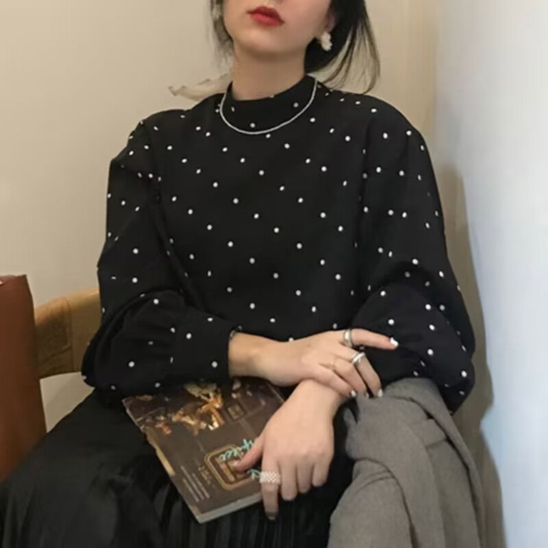 Women's Black & White Polka Dot Puff Sleeve Bottoming Top
