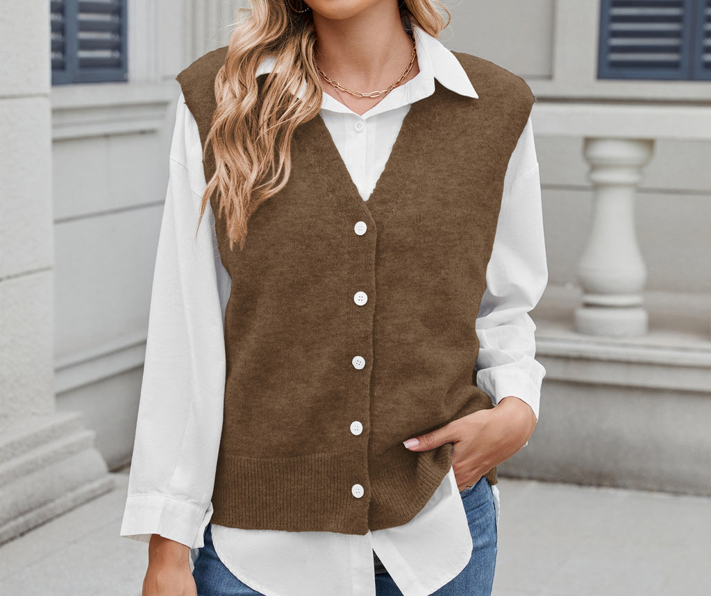 Women's Casual Knitted Sweater Vest - Trendy One-Row Button Front, Sleeveless V-Neck Knitwear