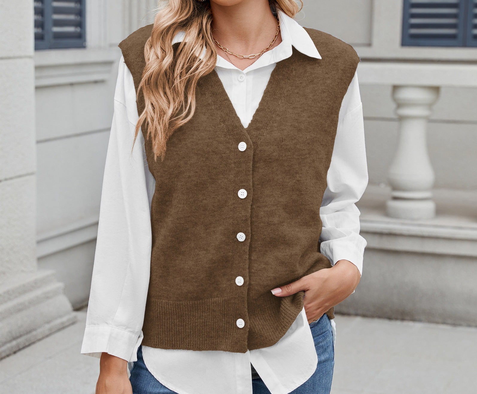 Women's Casual Knitted Sweater Vest - Trendy One-Row Button Front, Sleeveless V-Neck Knitwear