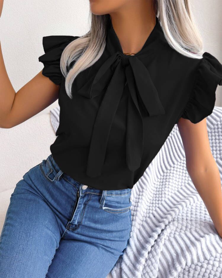 Women's Summer Short-Sleeved Bow Top - Solid Color Casual Blouse