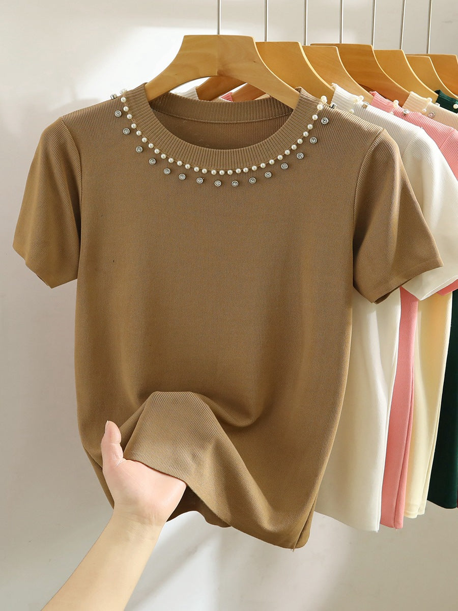 Women's Summer White Beaded Knit T-Shirt - Short Sleeve, Straight Shoulder, Short Top