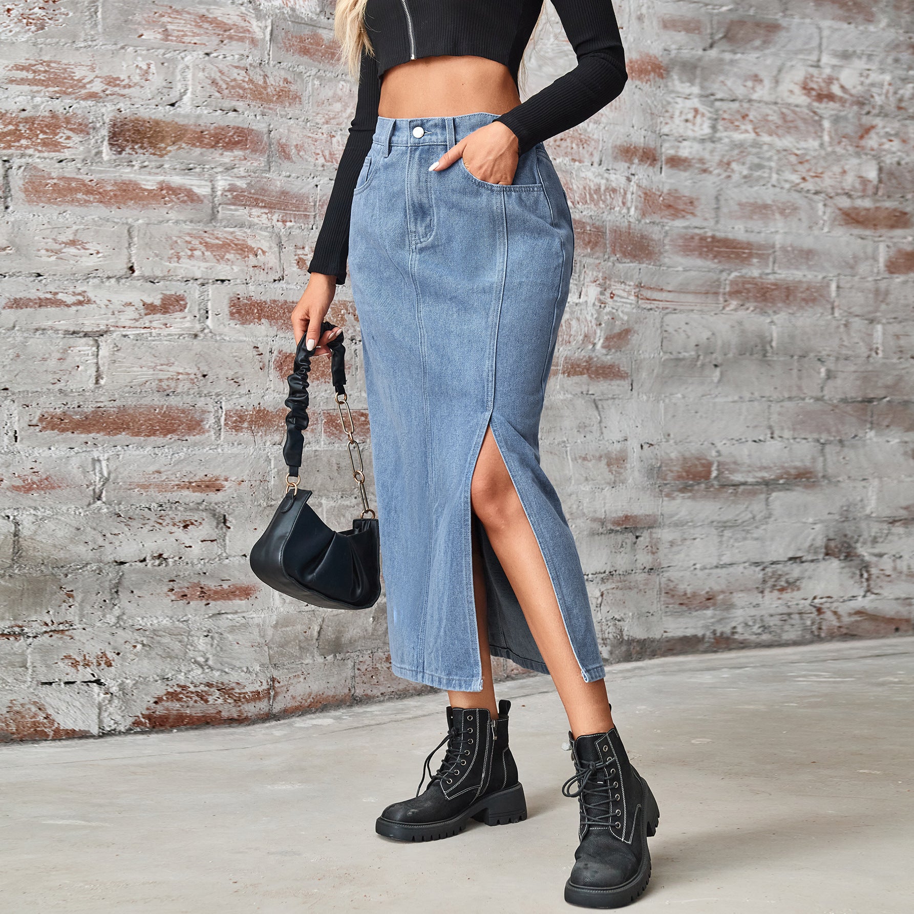 Women's Cross-Border Summer Washed Denim Skirt - Elastic Waist, Mid-Length with Side Slit