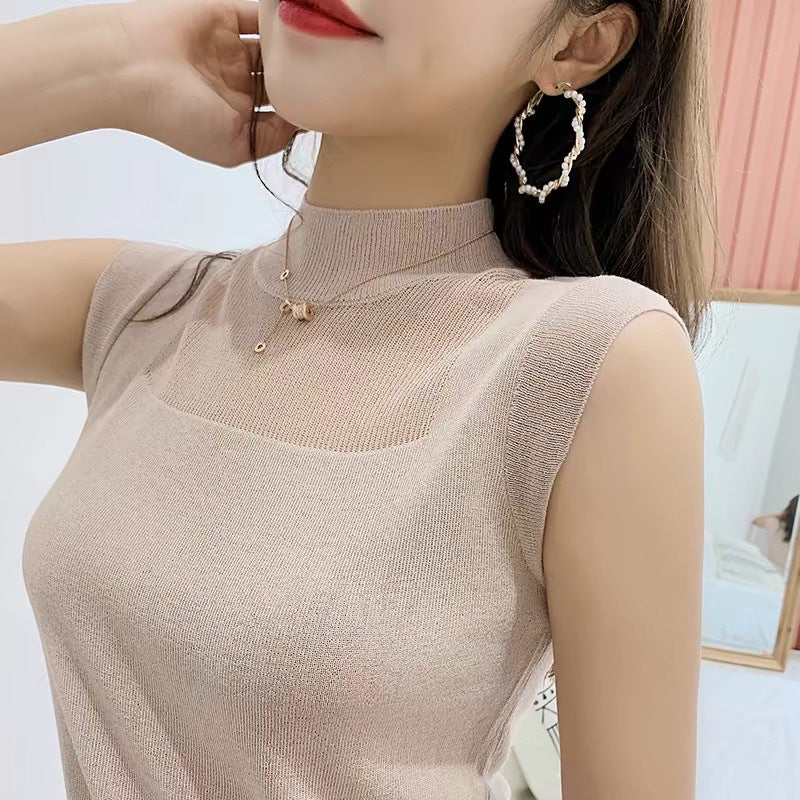 Summer Ice Silk Knit Camisole - Half-High Collar Sleeveless Top for Women