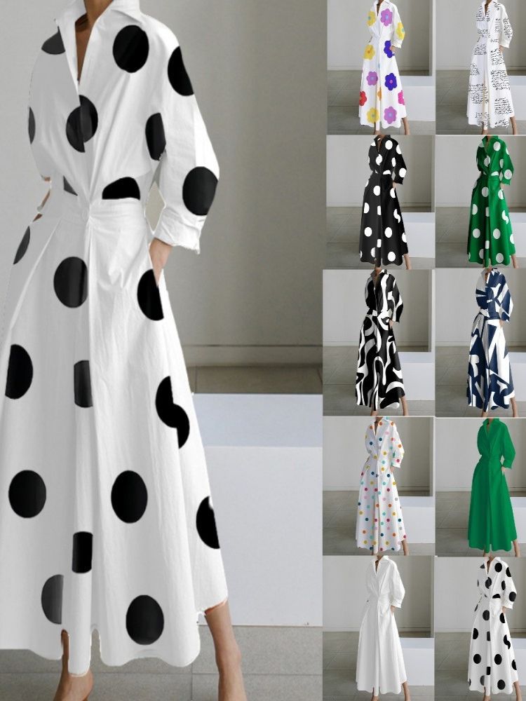Autumn V-Neck Long Sleeve Printed Dress – Elegant Women's Fall Fashion