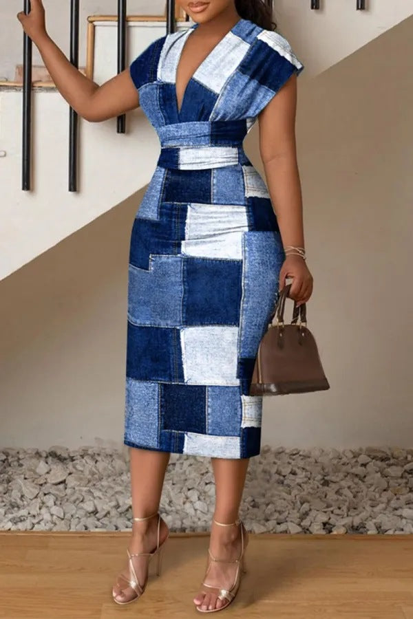 Spring & Summer V-Neck Printed Bodycon Dress – Women's Casual Chic Style