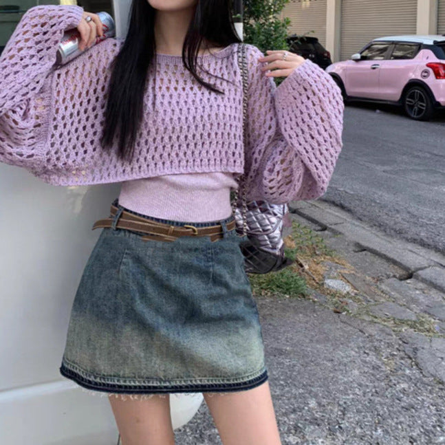 Women's Short Hollow Knit Sweater Top - Lightweight Two-Piece Style Suit for Spring & Autumn
