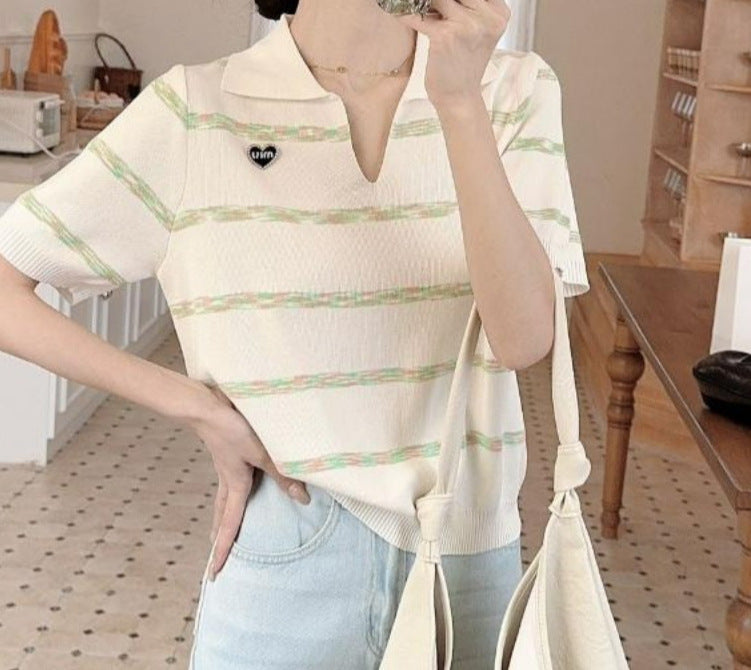 2025 Spring & Summer Women's Lapel Striped Slim Fit Long Sleeve Top - Commuter Chic Edition