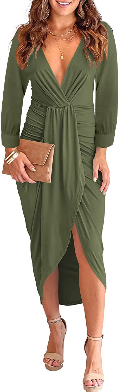 Elegant V-Neck Pleated Bodycon Slit Dress – Solid Color Long Sleeve Autumn & Winter Fashion for Women