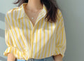 Women's Yellow and White Vertical Striped Shirt - Breezy, Bright, and Classic