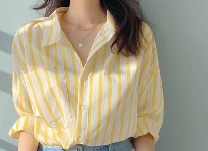 Women's Yellow and White Vertical Striped Shirt - Breezy, Bright, and Classic