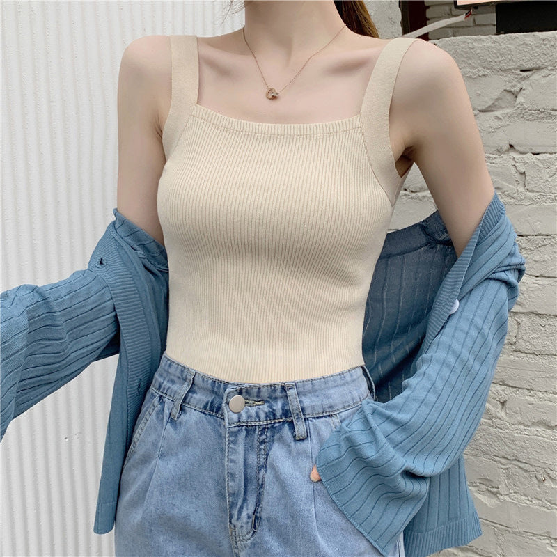 Women's Short Knitted Camisole - Elastic Sleeveless Inner Top for Layering with Blazers or Suits