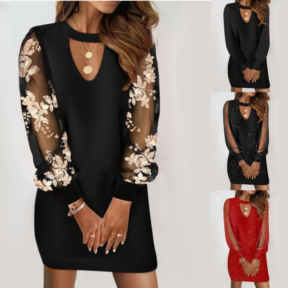 Spring V-neck Lace Long Sleeve Printed Waist Dress for Women