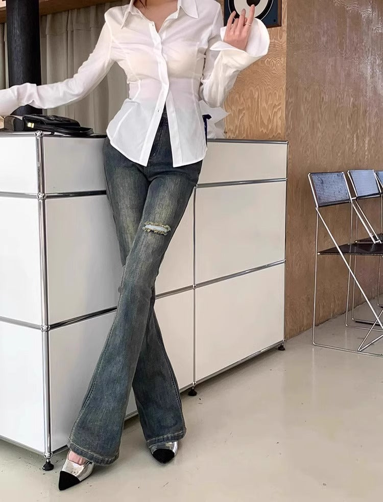 Women's French-Inspired Lace Shirt - Lightweight Waist-Tie Top for Spring & Autumn