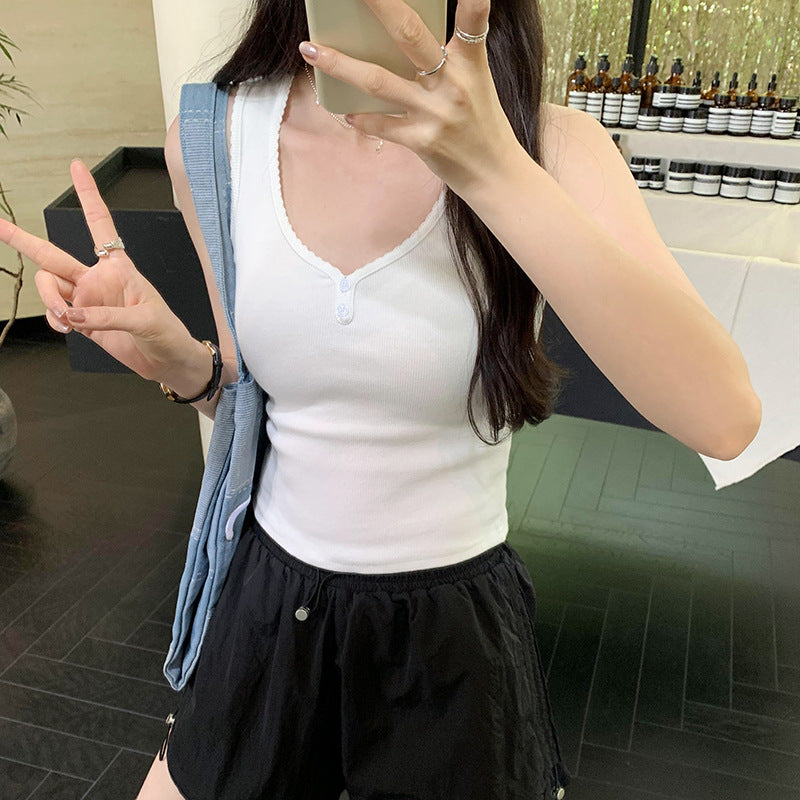 Women's Summer Threaded Lace V-Neck Button Camisole - Real Shot Sleeveless Top