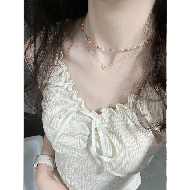 Sweet Hot Girl BM Style Sleeveless Camisole - Wooden Ear Trim & Bow Tie Detail