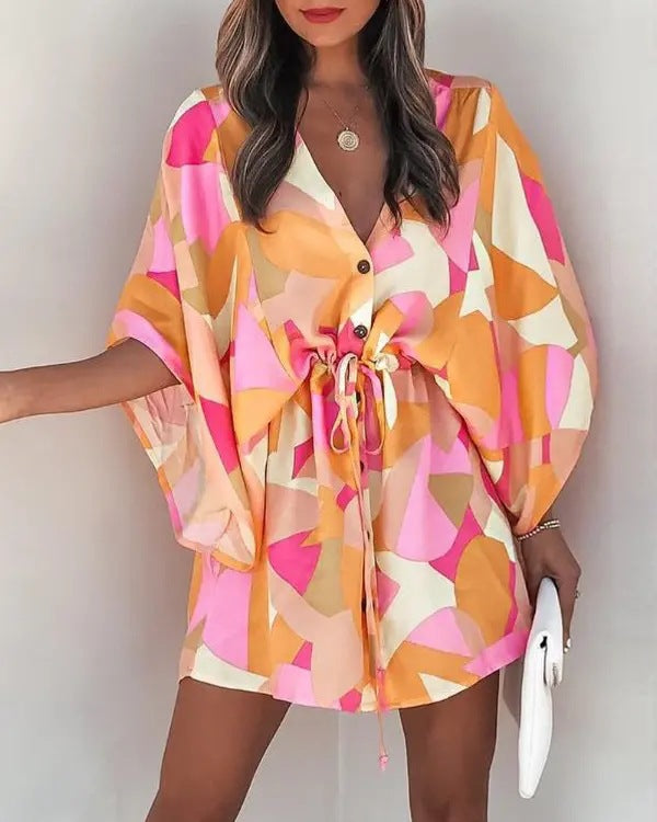 Women's Summer V-Neck Lace-Up Casual Holiday Dress – Flying Sleeve Boho Style Sundress with Pockets, Lightweight Flowy Beach Min