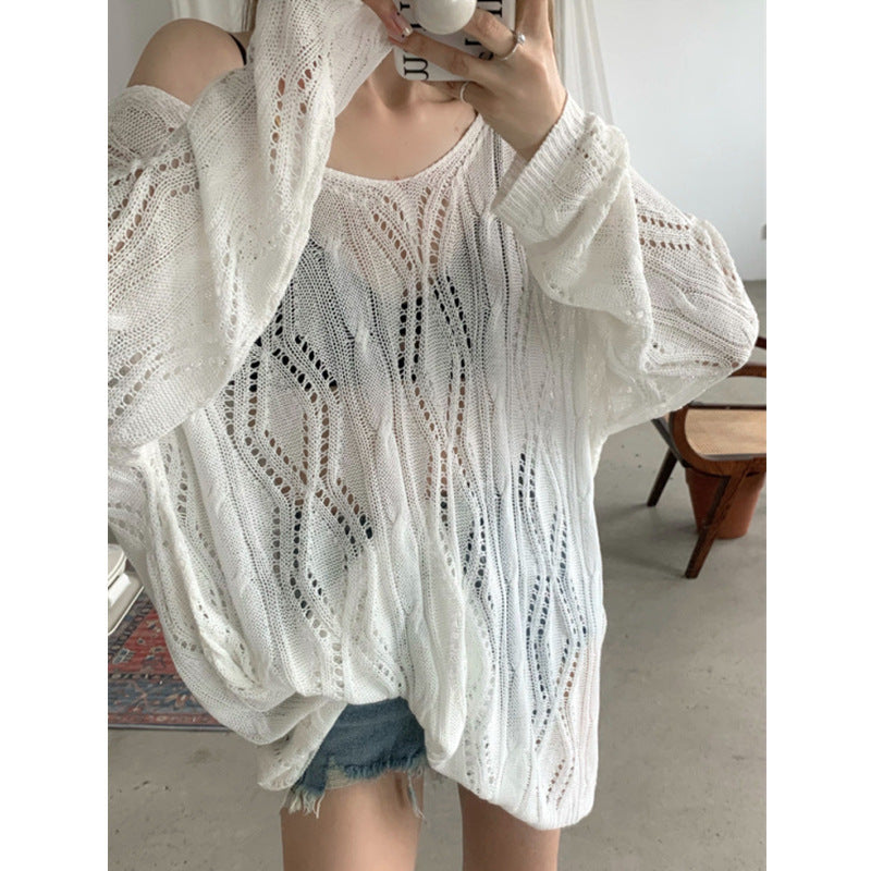 2025 Summer Women's Sunscreen Knitted Blouse - Lightweight Hollow Long-Sleeved Airy Top