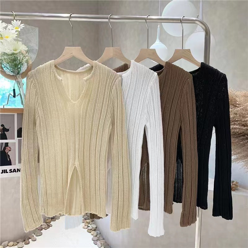 Spring & Autumn Split Long Sleeve V-Neck Hollow Knit Sweater for Women