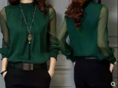 Spring & Autumn Ruffled Bottoming Shirt - Versatile Large Size Top with Small Stand-Up Collar