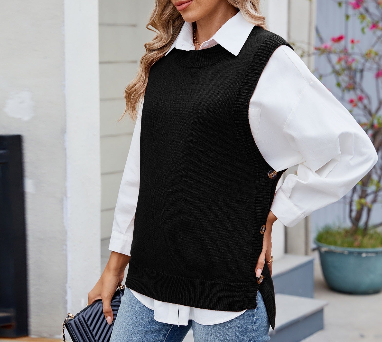 Women's Casual All-Match Solid Color Knitted Top Sweater with Button & Slit Details