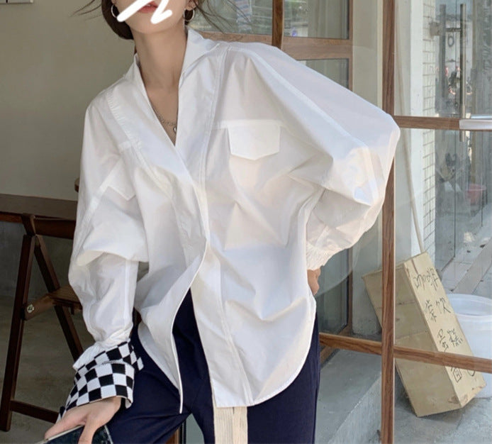 Women's White V-Neck Long-Sleeved Shirt - Loose Fit, Niche Design, Versatile Top