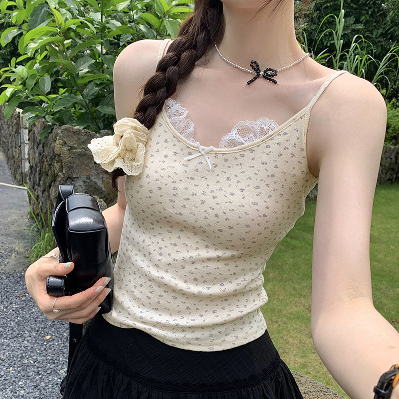 Women's Pure Cotton Lace Bow Small Floral Sling - Unique & Exquisite Summer Camisole