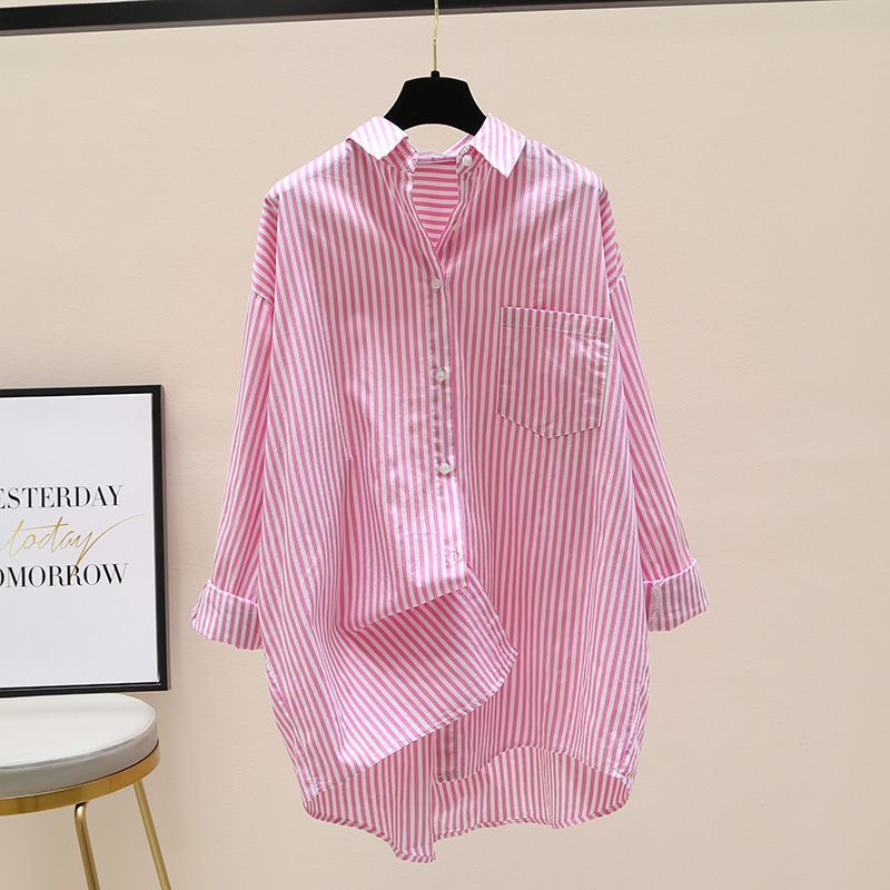 Women's Vertical Striped Mid-Length Shirt - Long Sleeve Casual Blouse for Spring & Autumn