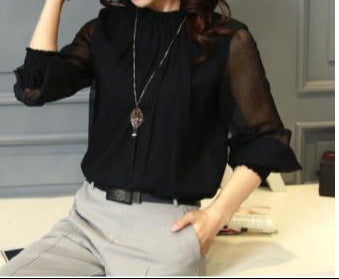 Spring & Autumn Ruffled Bottoming Shirt - Versatile Large Size Top with Small Stand-Up Collar