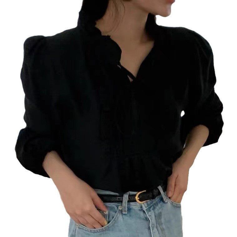 V-Neck Puff Sleeve Ruffle Blouse - Strap Stitching with Wood Ear Edge Detail | Women's Loose Solid Color Shirt