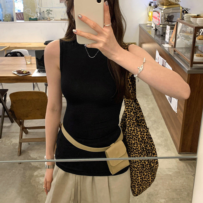 Women's Sleeveless Half-High Collar Slim Vest Top - Summer Minimalist T-Shirt Style