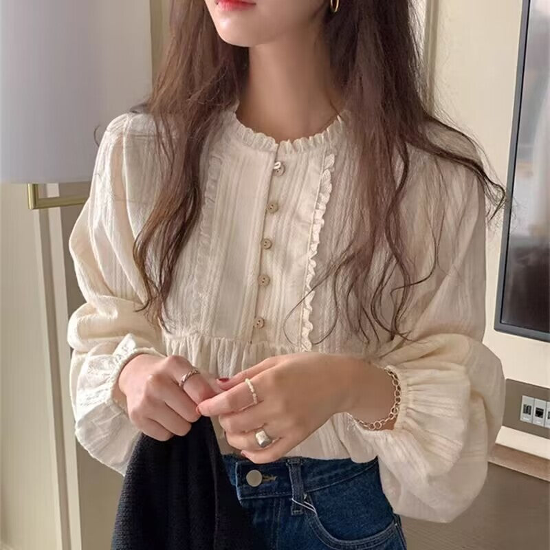 Retro-Inspired Pleated Lace Buttoned Blouse - Sweet Spring Pure Style