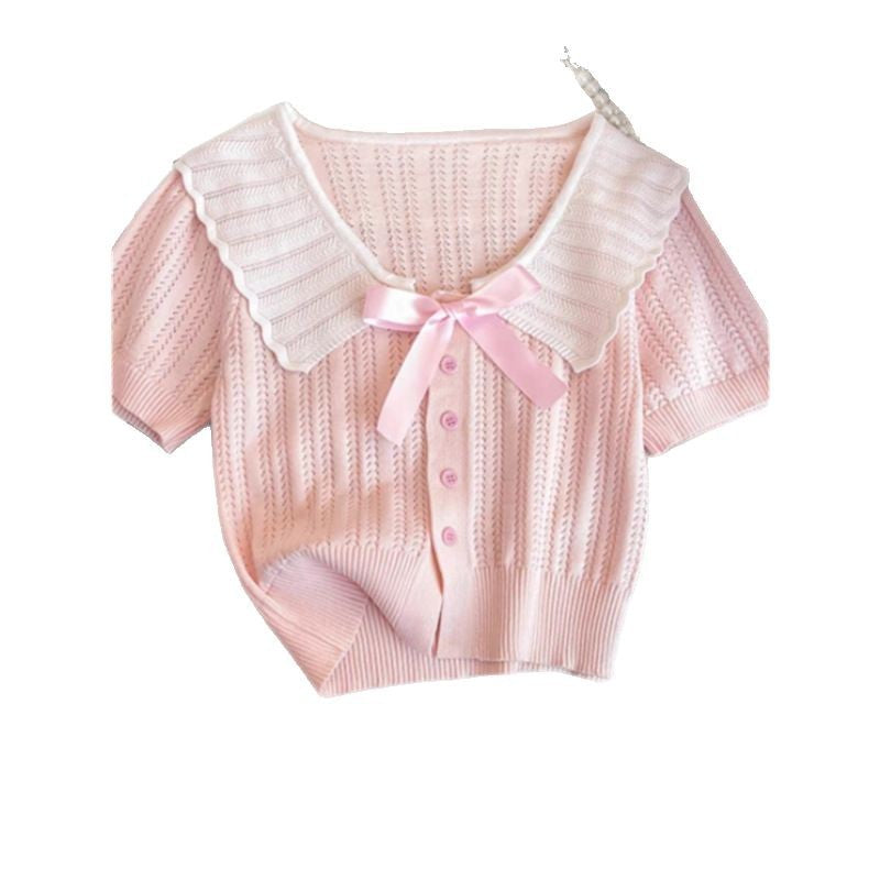 Bowknot Contrast Color Doll Collar Cardigan Sweater - Women's Summer Petite Stylish Short Top
