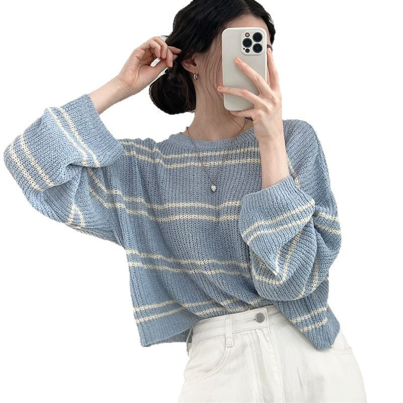 Women's Spring & Summer Hollow Knit Striped Top - Lightweight Long-Sleeved Loose Sun Protection Air-Conditioning RAC25ZB1606WVAT