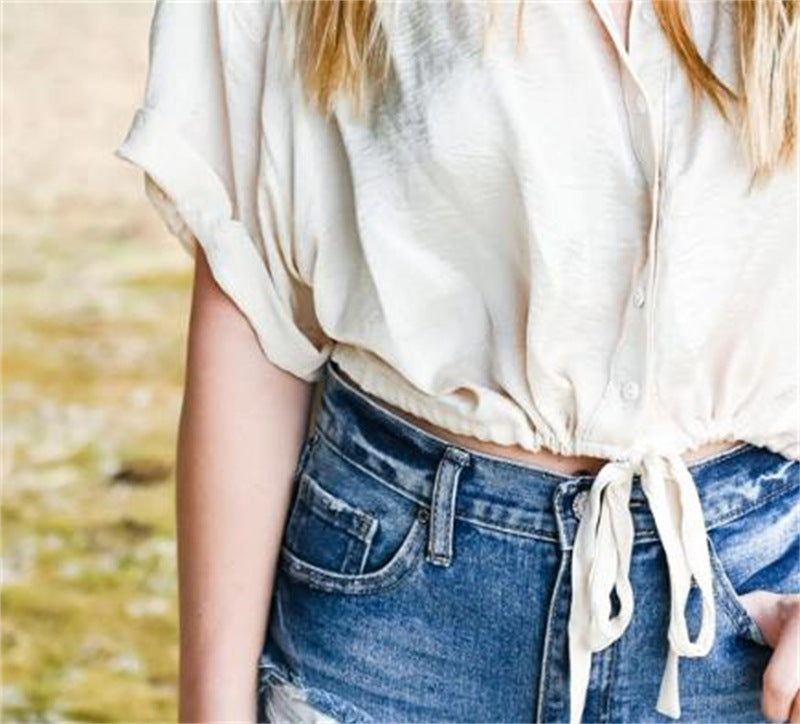 Simple Mid Sleeve Elastic Waist Shirt