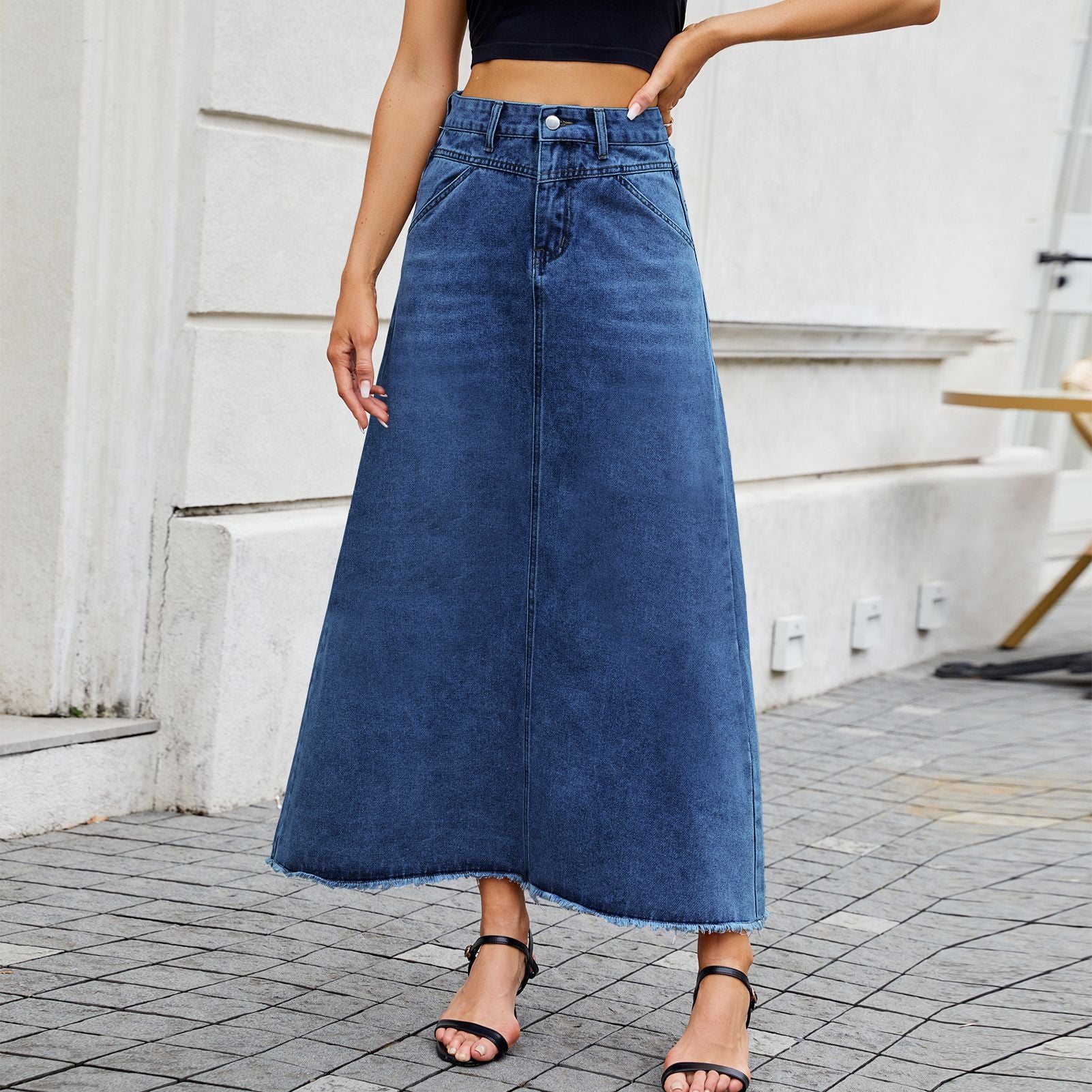 Women's Spring/Summer High Waist Denim Skirt - Fashion Loose Fit with Pockets, Half-Length Casual Style