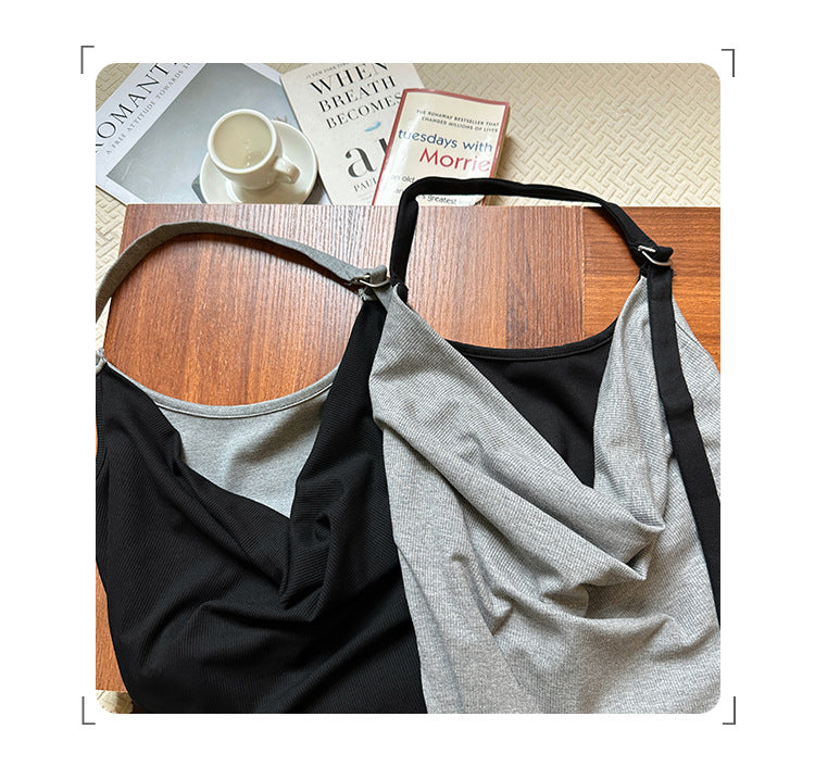 Women's Halter Neck Color Block Lace-Up Sleeveless Fake Two-Piece Vest Top