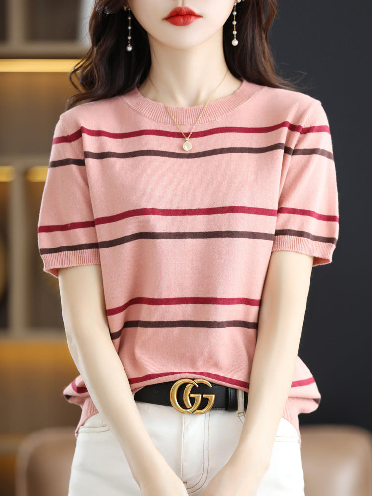 Striped Short-Sleeved Knitted T-Shirt for Women - Summer Color Block Round Neck Crop Top