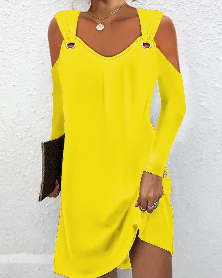 Autumn Solid Color V-Neck Button Dress for Women with Metal Buttons