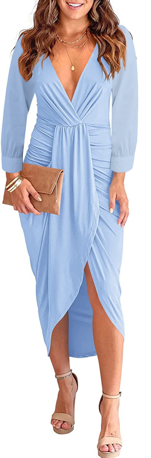 Elegant V-Neck Pleated Bodycon Slit Dress – Solid Color Long Sleeve Autumn & Winter Fashion for Women