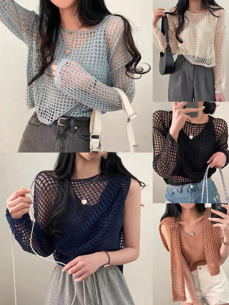 Summer 2025 Sweet & Spicy Pure Desire Style Women's Two-Piece Set - Thin Knit Sweater + Spaghetti Strap Sun-Protective Blouse