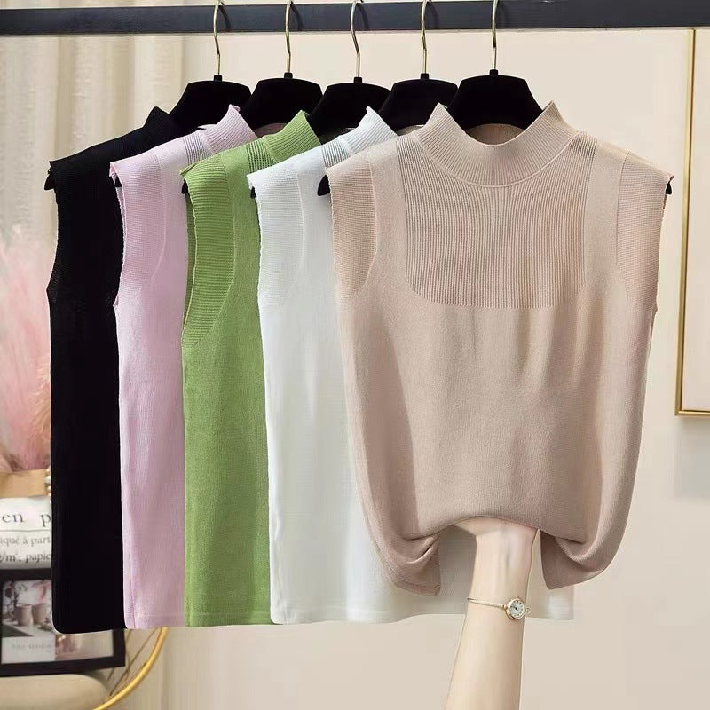 Summer Ice Silk Knit Camisole - Half-High Collar Sleeveless Top for Women